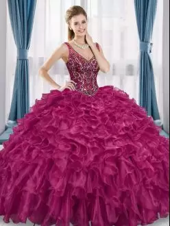 Sleeveless Floor Length Beading Lace Up Sweet 16 Dresses with Fuchsia