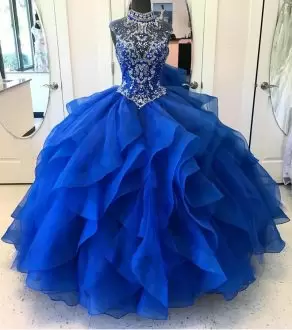 Luxury Red and Royal Blue 15th Birthday Dress Military Ball and Sweet 16 and Quinceanera with Beading and Ruffles Halter Top Sleeveless Lace Up
