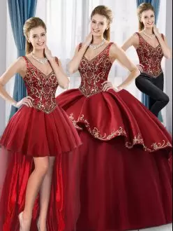 Wine Red Ball Gowns Satin and Tulle V-neck Sleeveless Beading and Embroidery Floor Length Lace Up Sweet 16 Quinceanera Dress