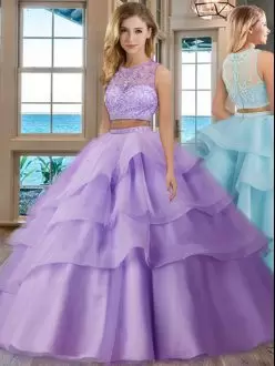 Most Popular Scoop Sleeveless Ball Gown Prom Dress Floor Length Beading and Appliques and Ruffled Layers Lavender Tulle