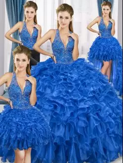 Cheap Royal Blue Ball Gowns Organza Halter Top Sleeveless Beading and Ruffles Floor Length Lace Up Quinceanera Gown