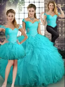 Adorable Aqua Blue Tulle Lace Up Sweet 16 Quinceanera Dress Sleeveless Floor Length Beading and Ruffles