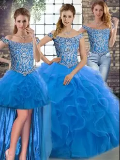 Brush Train Three Pieces Vestidos de Quinceanera Blue Off The Shoulder Tulle Sleeveless Lace Up