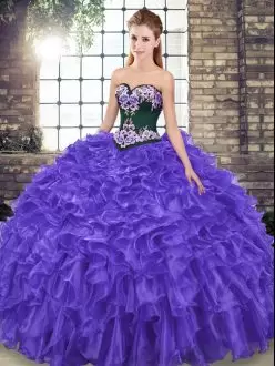 Sleeveless Organza Sweep Train Lace Up Quinceanera Dresses in Purple with Embroidery and Ruffles