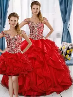 Three Pieces Quinceanera Dress Red Off The Shoulder Tulle Cap Sleeves Floor Length Lace Up