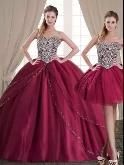 Custom Design Sleeveless Tulle Floor Length Lace Up Quinceanera Gown in Burgundy with Beading