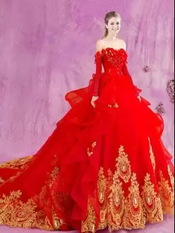 Red Tulle Lace Up Vestidos de Quinceanera Sleeveless Court Train Appliques and Ruffles