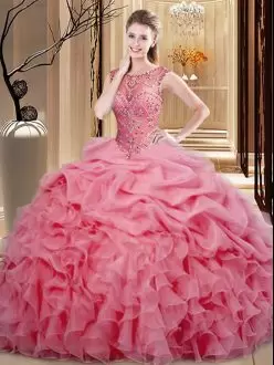 Elegant Organza Scoop See Through Neckline Ruffles and Pick Ups Sweet 16 Quinceanera Dress in Pink