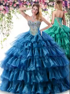 Designer Teal Ball Gowns Beading and Ruffled Layers Ball Gown Prom Dress Lace Up Organza Sleeveless Floor Length