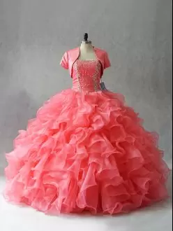 Sleeveless Floor Length Beading Lace Up Quinceanera Gown with Watermelon Red