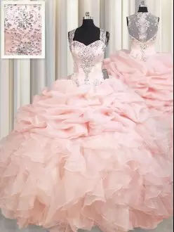 Dazzling Pink Zipper Quinceanera Gowns Beading and Ruffles and Pick Ups Sleeveless Brush Train