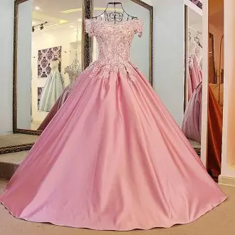 Popular Floor Length Pink Quince Ball Gowns Satin Sleeveless Beading and Appliques