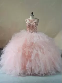 Pink Tulle Lace Up Sweet 16 Dress Sleeveless Brush Train Beading and Ruffles