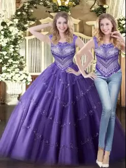 Luxurious Scoop Sleeveless Lace Up Vestidos de Quinceanera Purple Tulle Beading
