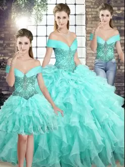 Fashionable Sleeveless Organza Brush Train Lace Up Quince Ball Gowns in Aqua Blue with Beading and Ruffles