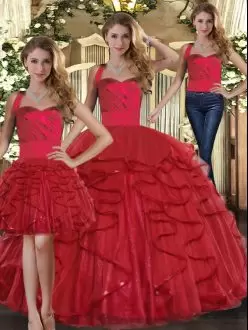 Stunning Floor Length Three Pieces Sleeveless Red 15 Quinceanera Dress Lace Up