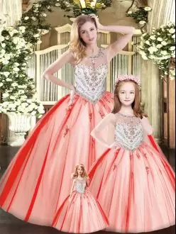 Charming Ball Gowns 15th Birthday Dress Red Scoop Tulle Sleeveless Floor Length Lace Up