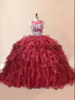 Fancy Red Scoop Zipper Beading and Lace and Appliques Quinceanera Gowns Brush Train Sleeveless
