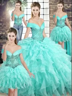 Fabulous Ball Gowns Sleeveless Aqua Blue Sweet 16 Dress Brush Train Lace Up