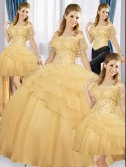 Gold Sleeveless Floor Length Beading and Ruffled Layers Lace Up Sweet 16 Dresses Off The Shoulder