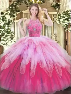 Amazing Multi-color Ball Gowns Beading and Ruffles Sweet 16 Dresses Zipper Tulle Sleeveless Floor Length