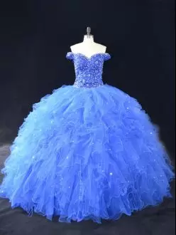 Blue Sleeveless Floor Length Beading and Ruffles Lace Up Quinceanera Gowns Off The Shoulder