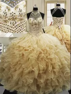 Champagne Ball Gowns High-neck Sleeveless Tulle With Train Sweep Train Lace Up Beading and Ruffles 15th Birthday Dress