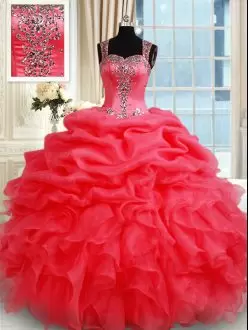 Eye-catching Coral Red Sleeveless Floor Length Beading and Ruffles and Pick Ups Zipper Quinceanera Dresses Straps