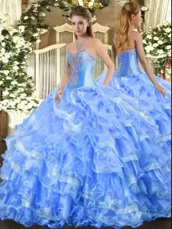 Baby Blue Sleeveless Beading and Ruffled Layers Floor Length Sweet 16 Dress