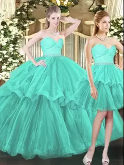 Luxury Ruffled Layers Ball Gown Prom Dress Aqua Blue Lace Up Sleeveless Floor Length