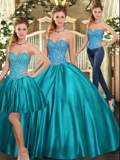 Popular Teal Lace Up Sweet 16 Dress Beading Sleeveless Floor Length