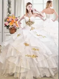 White Ball Gowns Organza Sweetheart Sleeveless Beading and Ruffles Floor Length Lace Up Quince Ball Gowns