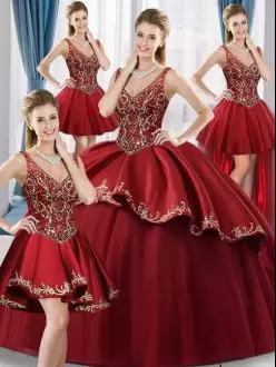 Noble Wine Red Sleeveless Floor Length Beading and Embroidery Lace Up Vestidos de Quinceanera V-neck