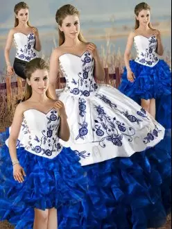 Blue And White Lace Up Sweetheart Embroidery and Ruffles Quinceanera Gowns Satin and Organza Sleeveless