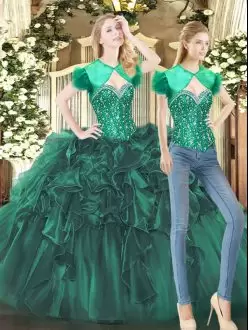 Sleeveless Floor Length Beading and Ruffles Lace Up Quinceanera Gowns with Dark Green