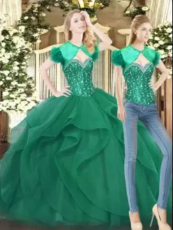 Floor Length Lace Up 15th Birthday Dress Dark Green for Military Ball and Sweet 16 and Quinceanera with Beading and Ruffles