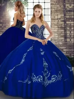 Sweetheart Sleeveless Lace Up Ball Gown Prom Dress Royal Blue Tulle Beading and Embroidery