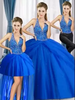 Graceful Royal Blue Tulle Lace Up Halter Top Sleeveless Floor Length Vestidos de Quinceanera Beading