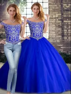 Lace Up Quinceanera Dresses Royal Blue for Military Ball and Sweet 16 and Quinceanera with Beading Brush Train