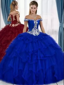 Royal Blue Ball Gowns Tulle Off The Shoulder Sleeveless Beading and Appliques Floor Length Lace Up Ball Gown Prom Dress
