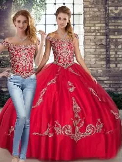 Affordable Floor Length Two Pieces Sleeveless Red Quinceanera Dresses Lace Up