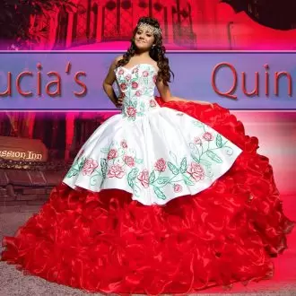 Ruffled Charro Red and White Floral Embroidery Vestidos de Quinceanera Dress