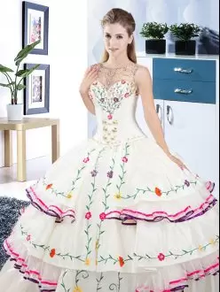 Modern White and Rainbow Embroidery and Ruffled Layers Beading Long Quince Ball Gowns