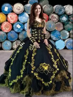 Designer Black Organza and Taffeta Lace Up Quinceanera Gowns Sleeveless Floor Length Beading and Embroidery and Ruffles