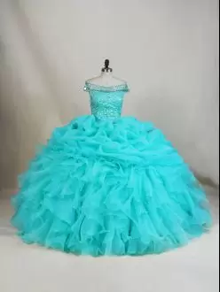 Custom Designed Aqua Blue Ball Gowns Off The Shoulder Sleeveless Organza Floor Length Lace Up Beading and Ruffles Sweet 16 Dress