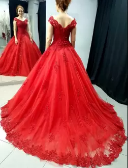 Romantic Red Cap Sleeves Tulle Chapel Train Lace 15 Quinceanera Dress V Back