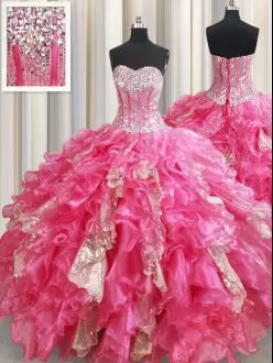 Smart Floor Length Ball Gowns Sleeveless Hot Pink Quinceanera Gowns Lace Up