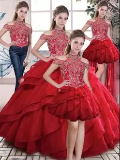 Pretty Red Quinceanera Dress Sweet 16 and Quinceanera with Beading and Ruffles High-neck Sleeveless Lace Up