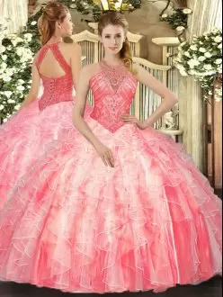 Elegant Watermelon Red Sleeveless Floor Length Beading and Ruffles Lace Up Ball Gown Prom Dress High-neck