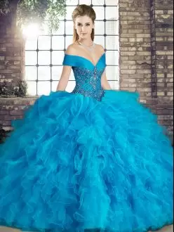 Blue Ball Gowns Off The Shoulder Sleeveless Tulle Floor Length Lace Up Beading and Ruffles Sweet 16 Dress
